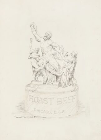 A statue of three men being attacked by snakes. The base of the statue reads ‘Roast Beef Chicago, U.S.A.’ by William Henry Walker