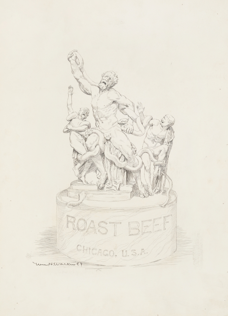 A statue of three men being attacked by snakes. The base of the statue reads ‘Roast Beef Chicago, U.S.A.’ by William Henry Walker