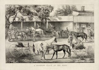 A ‘stopping place’ on the road; the horse shed by Currier & Ives.
