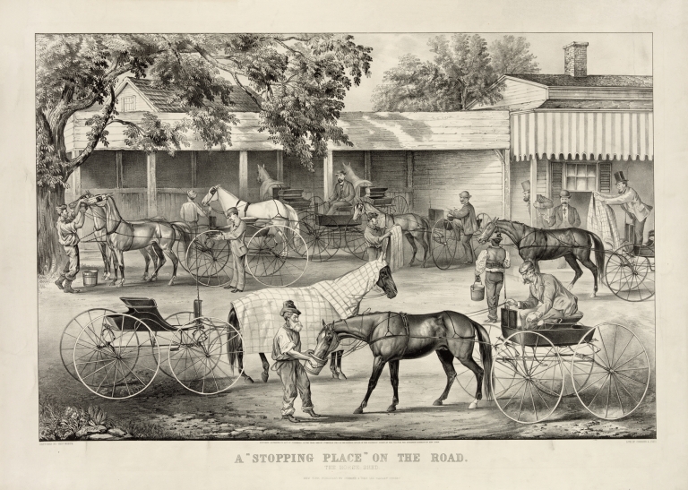 A ‘stopping place’ on the road; the horse shed by Currier & Ives.