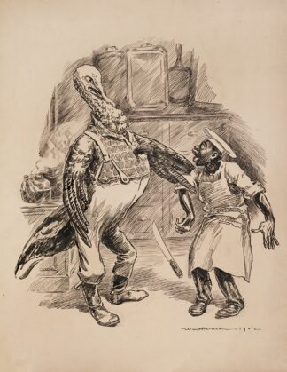 A turkey, dressed like a farmer, grabs a cook by the arm and makes him drop his butcher’s knife. by William Henry Walker