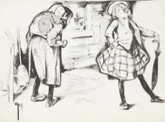 A wealthy girl turns up her nose at a poor girl, who is carrying a baby on her back. by Rose Cecil O'Neill