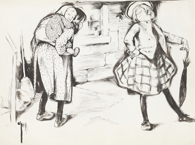 A wealthy girl turns up her nose at a poor girl, who is carrying a baby on her back. by Rose Cecil O'Neill