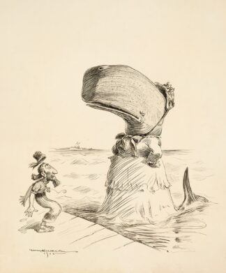A whale, wearing a dress, confronts a surprised sailor on a dock. by William Henry Walker