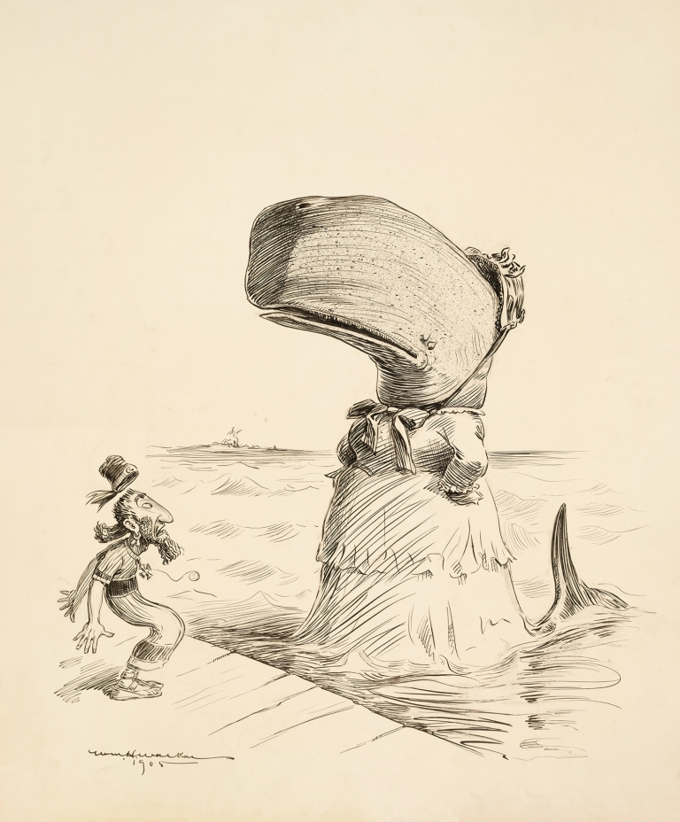 A whale, wearing a dress, confronts a surprised sailor on a dock. by William Henry Walker