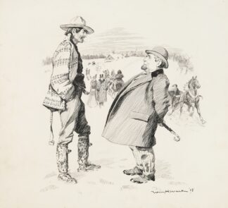 A winter scene. A man in a suit talks with a man in rougher clothes, while behind them people in fine clothes walk and ride in sleighs. by William Henry Walker