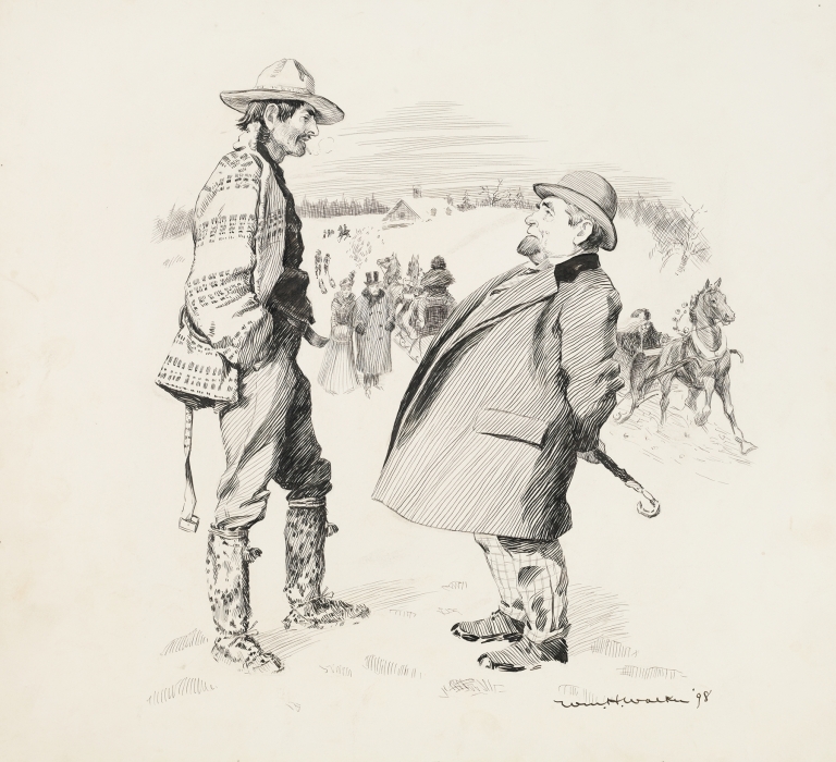 A winter scene. A man in a suit talks with a man in rougher clothes, while behind them people in fine clothes walk and ride in sleighs. by William Henry Walker