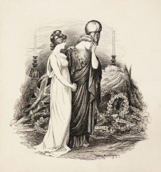 A woman representing the United States tries to comfort a woman in military garb who grieves the death of Queen Victoria of the United Kingdom by William Henry Walker