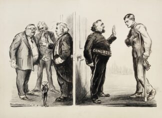 A wounded soldier is denied entrance to Congress, where three stout politicians are arguing. by William Henry Walker