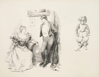 A young couple in fancy clothes talking together. And a figure in exaggerated football uniform. by William Henry Walker