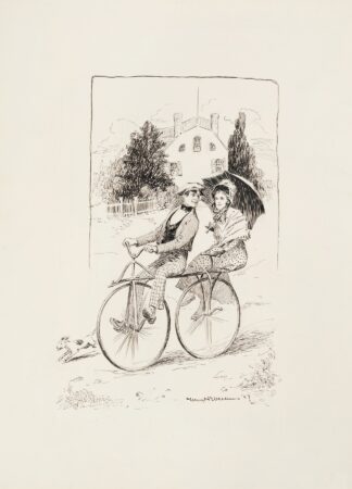 A young couple ride on a tandem bicycle. by William Henry Walker