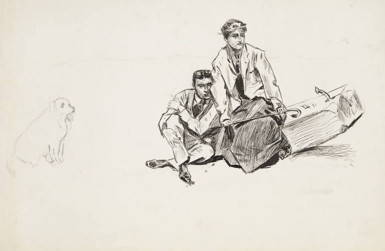 A young man and woman slide off a log they were sitting on as one end of the log rises up. A dog watches them. by Harold Imbrie