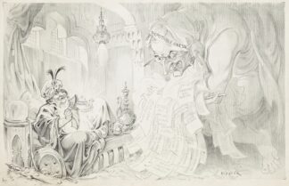 Aladdin-like figure wearing hat of ‘Vested Interests’ lounges on an ottoman. by Udo Keppler