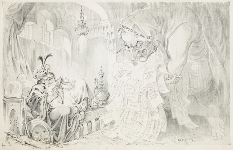 Aladdin-like figure wearing hat of ‘Vested Interests’ lounges on an ottoman. by Udo Keppler