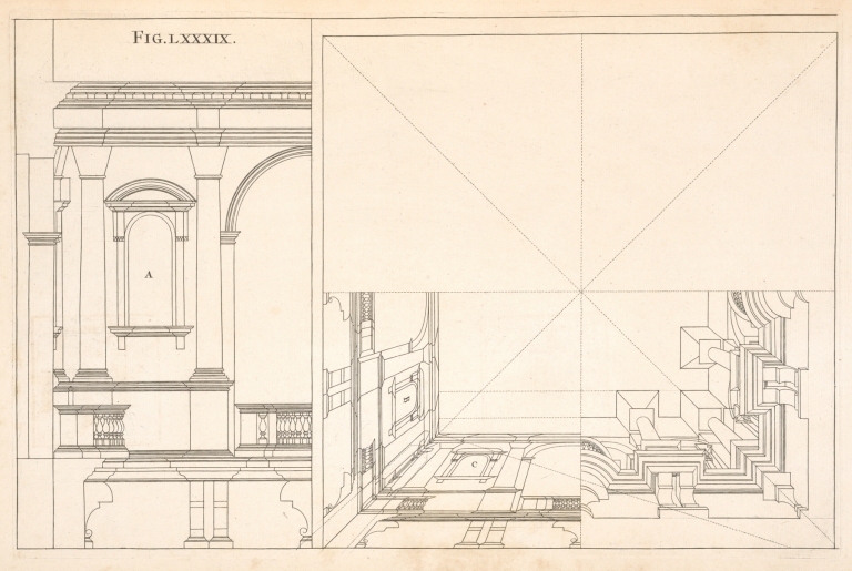 An horizontal projection of architecture in a square ceiling by Andrea Pozzo