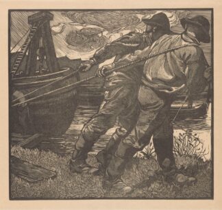 Arbeiders met touwen op oever by Johannes Josephus Aarts