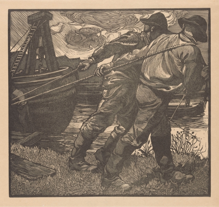 Arbeiders met touwen op oever by Johannes Josephus Aarts