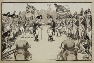 Armies of old men, American and British, meet on a field with canes instead of rifles by William Henry Walker