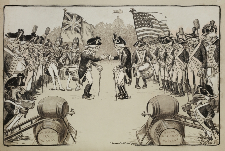 Armies of old men, American and British, meet on a field with canes instead of rifles by William Henry Walker