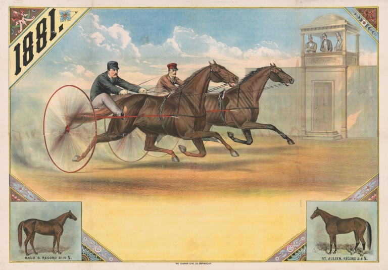 arness race between two riders with portraits of the two horses Maud S. and St. Julien at lower right and left corners by Courier Litho. Co.