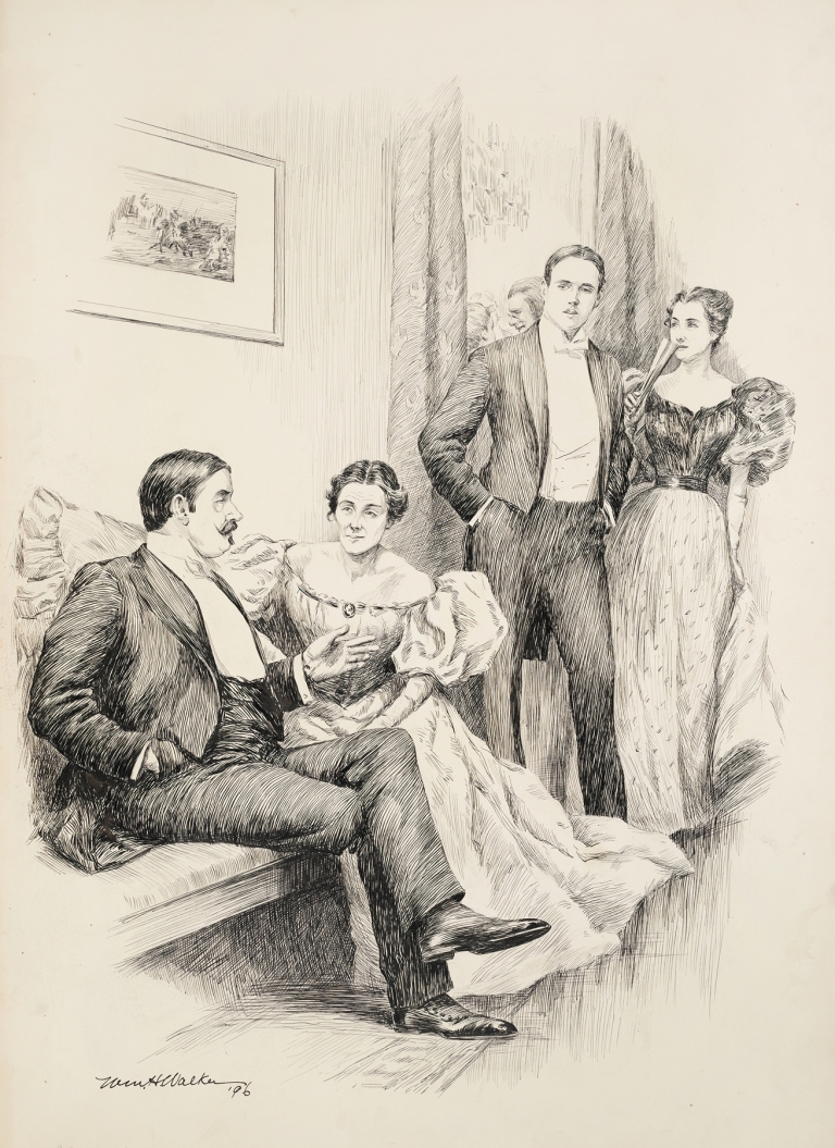 At a party, an older couple sit together while a younger couple walk passed them. by William Henry Walker