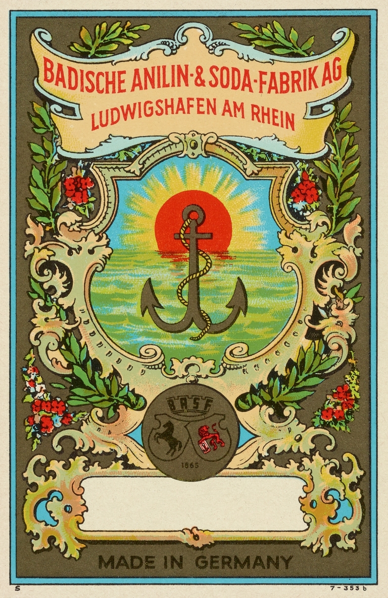 Badische Anilin & Soda-Fabrik dye label with anchor by Badische Anilin & Soda-Fabrik