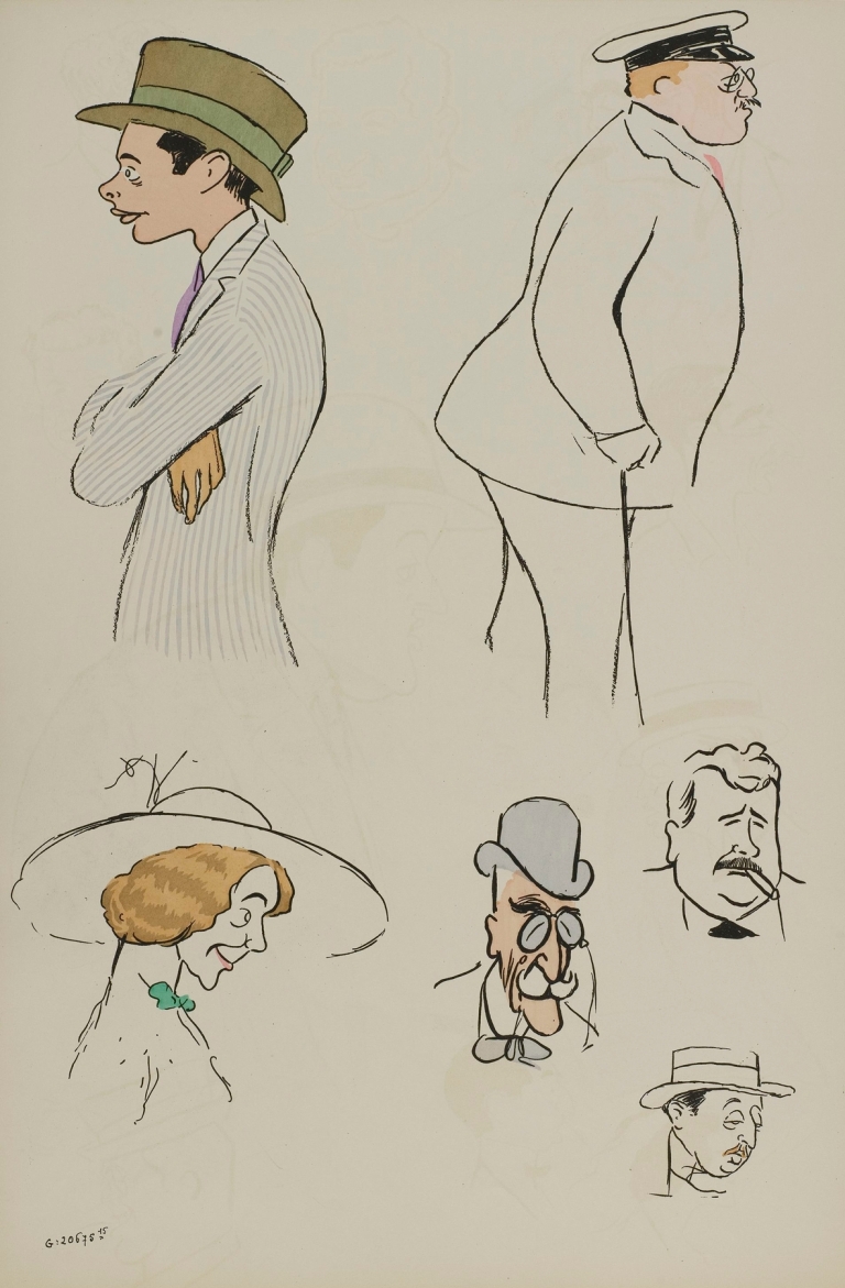 baron Hubert Lejeune, M de Villeroy, Mme charron, MM Jacques et James Hennessy, inconnu by Georges Goursat (Sem)