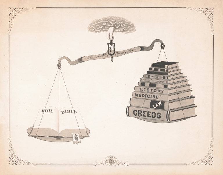Bible and books on a scale by J.F. Davis