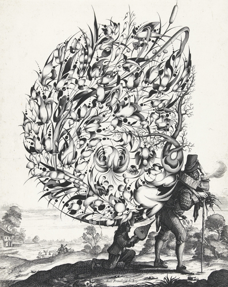 Boeket op rug van marskramer by Isaac Briot