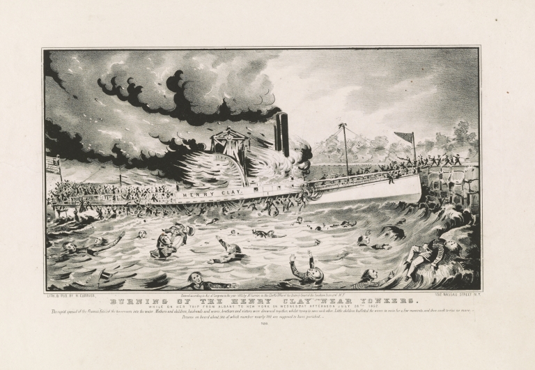 Burning of the Henry Clay near Yonkers; while on her trip from Albany to New York on Wednesday afternoon July 28th 1852 by Currier & Ives.