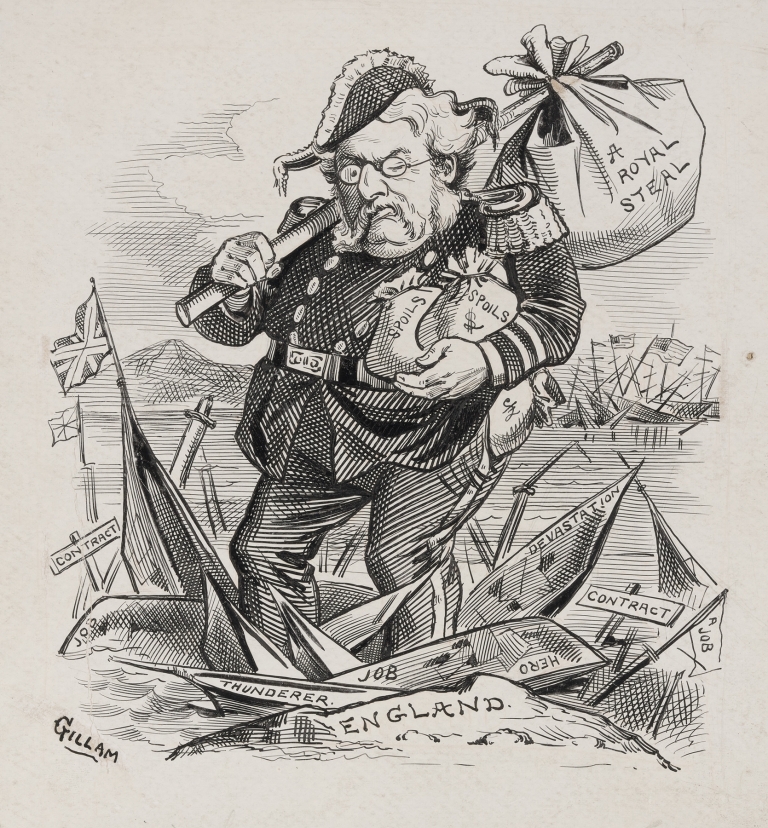 Caricature of President Chester Arthur, here accused of using the Treasury surplus to build up the Navy.. by Bernard Gillam