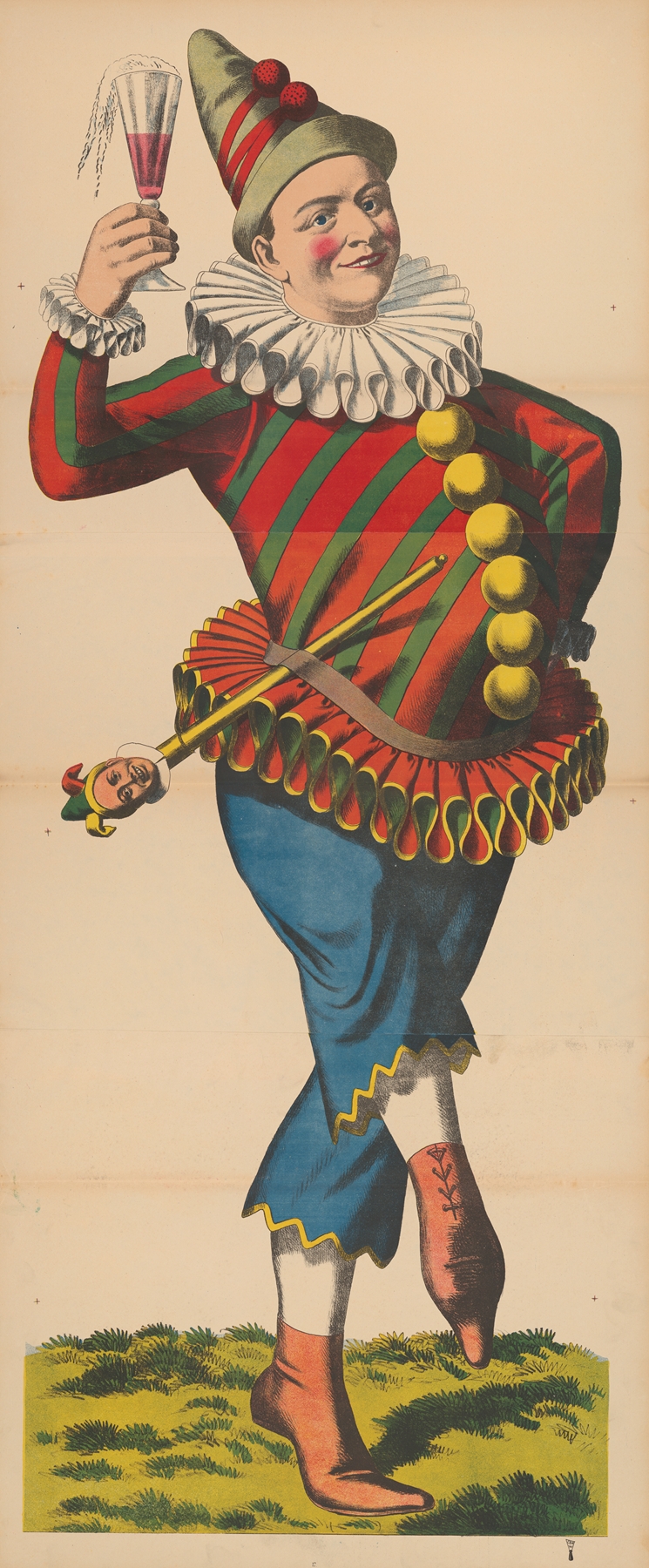 Carnival figure dressed as a jester with a glass of beer and a marotte by René Ackermann