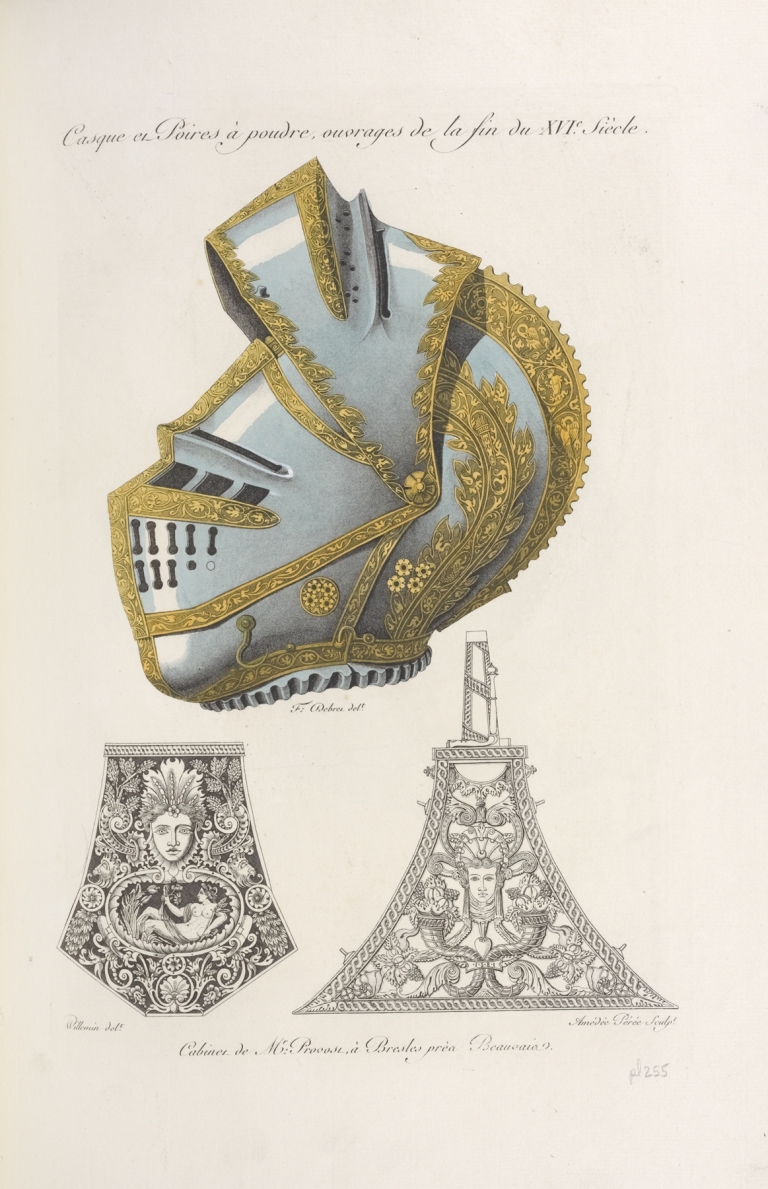 Casque et poires à poudre, ouvrages de la fin du XVIe. siècle. by Nicolas Xavier Willemin