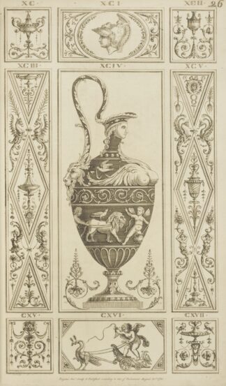 Central design of urn with scene of cherubs and lion, lion head on handle, man’s head on lid. by Michael Angelo Pergolesi