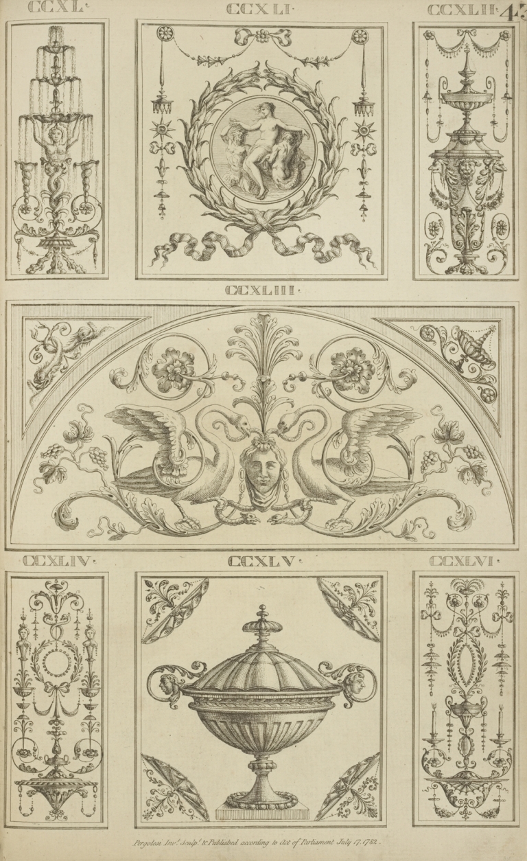 Central tympanum-shaped design with two swans and a woman’s face. by Michael Angelo Pergolesi