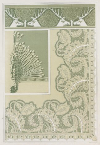 Cerfs et noisetiers, bordure, carreaux céramiques; hippocampe et algues, pied de coffret, bronze; lézards et pavots, broderie by Maurice Pillard Verneuil