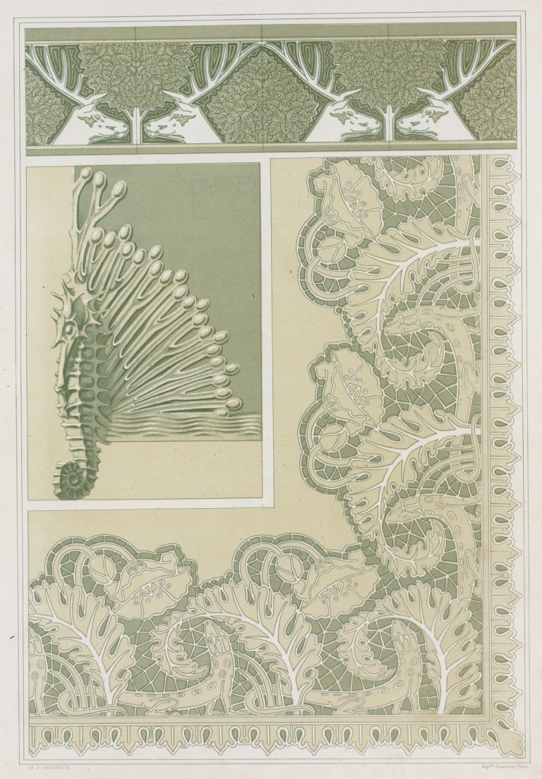 Cerfs et noisetiers, bordure, carreaux céramiques; hippocampe et algues, pied de coffret, bronze; lézards et pavots, broderie by Maurice Pillard Verneuil