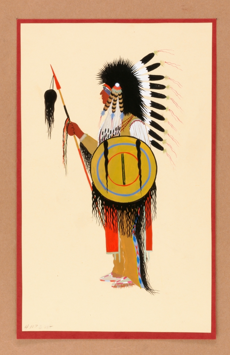Cheyenne Warrior in Feather Headdress with Shield by Monroe Tsatoke