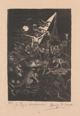 Christus aan het kruis omringd door figuren en dieren met op de achtergrond de Eiffeltoren by Henry de Groux