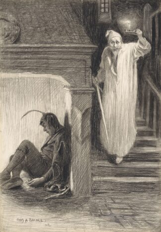 Clown and man in night gown descending a staircase by Charles Buchel