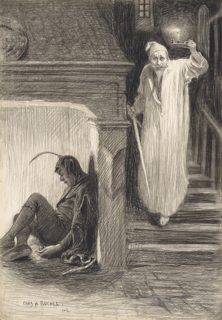 Clown and man in night gown descending a staircase by Charles Buchel