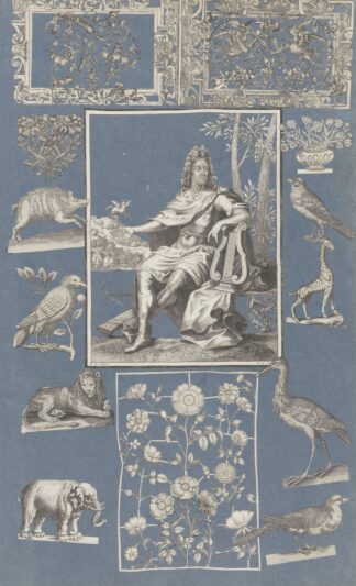 Collage of cut out prints pasted on blue paper Pl 11 by Anonymous