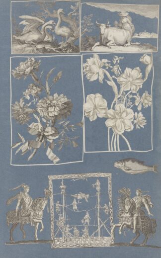 Collage of cut out prints pasted on blue paper Pl 14 by Anonymous