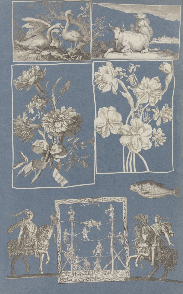 Collage of cut out prints pasted on blue paper Pl 14 by Anonymous