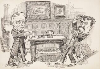 Confrontation of two gentlemen in front hall of great house. by Frank Arthur Nankivell