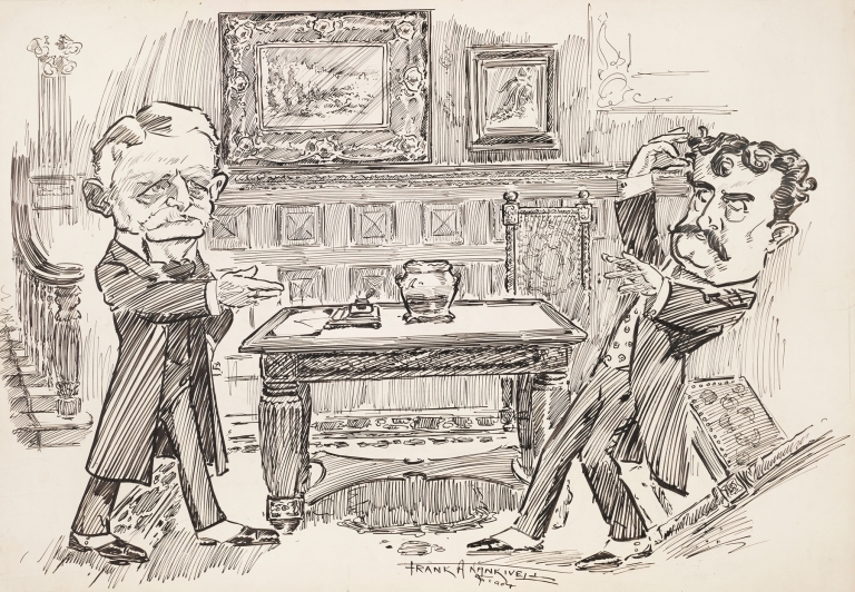 Confrontation of two gentlemen in front hall of great house. by Frank Arthur Nankivell