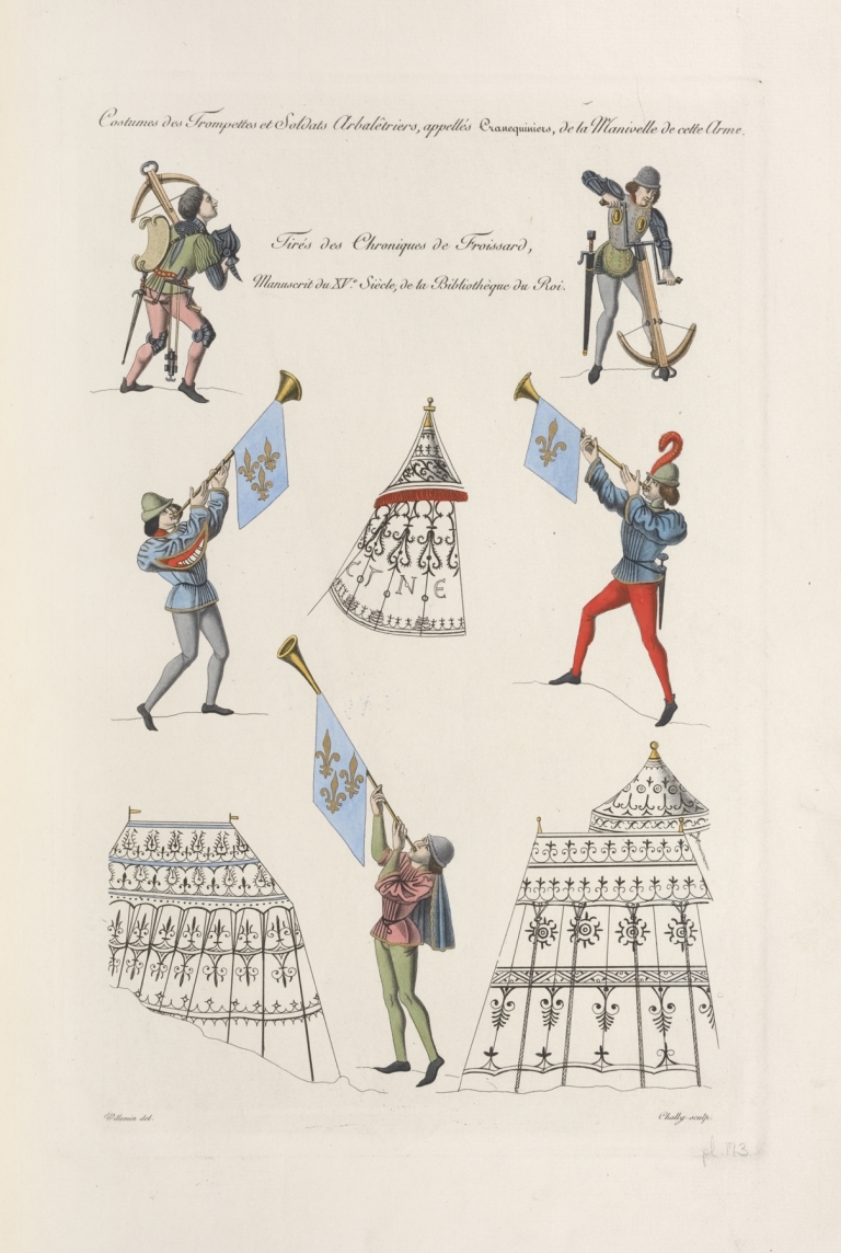 Costumes des trompettes et soldats arbalêtriers, appellés cranequiniers, de la manivelle de cette arme by Nicolas Xavier Willemin