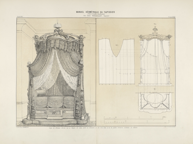 Coupe de rideaux froncés sur un châssis de mileu cintré en élévation sur les trois faces et sure les courbes montantes soutenant le châssis. by Jules Verdellet