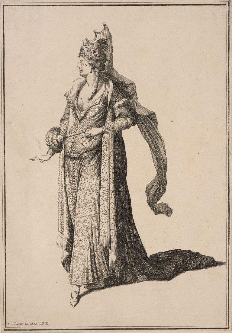 Crowned woman holding feather fan by Francois Silvestre