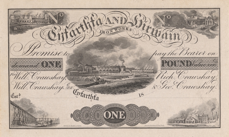 Cyfarthfa and Hirwaun Iron Works one pound note by Perkins & Heath